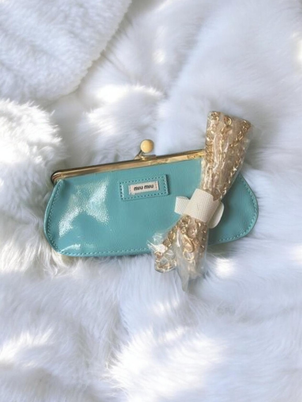 Miu Miu Blue Patent Kiss-Lock Frame Clutch W Crossbody Chain New No Box
